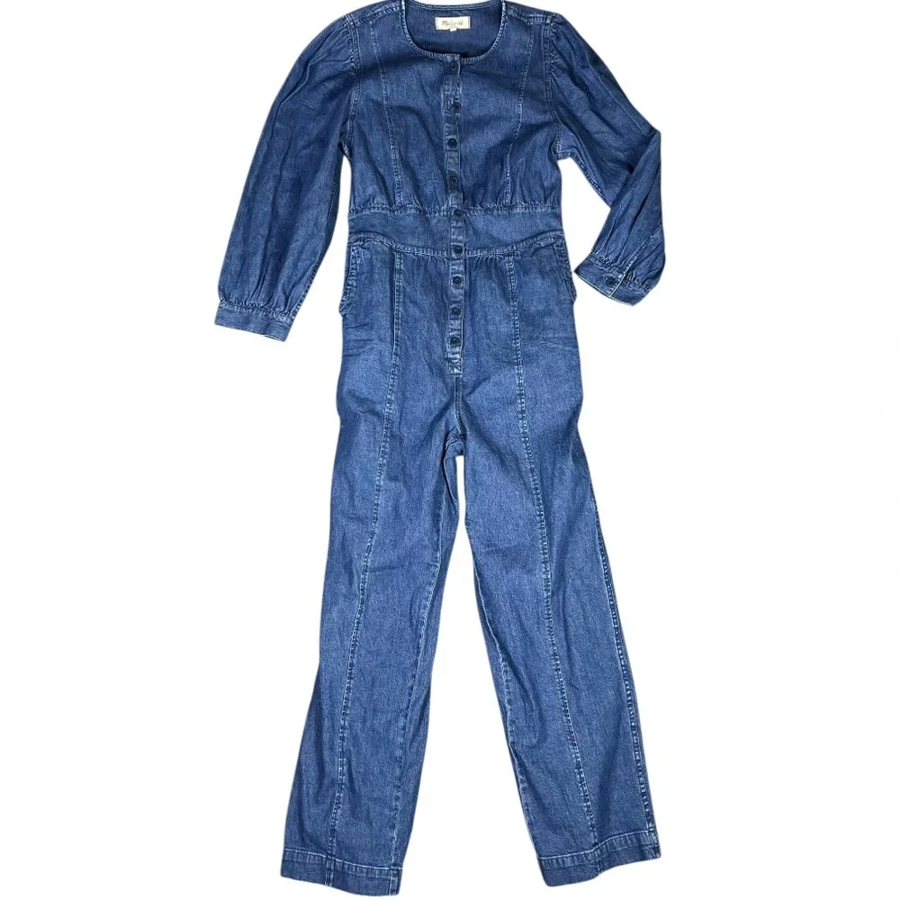 Madewell Jumpsuit Womens 8 Denim Straight-Leg Puff Long Sleeve Utility Carpenter